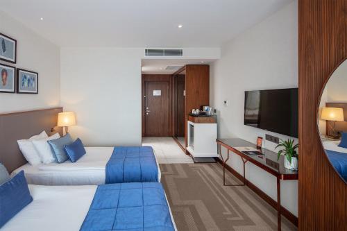 a hotel room with a bed and a flat screen tv at Lionel Hotel Istanbul in Istanbul