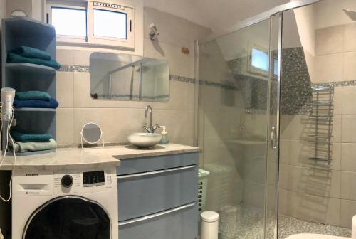 a bathroom with a shower and a washing machine at CHARMING APARTMENT NEAR THE BEACH in Villefranche-sur-Mer