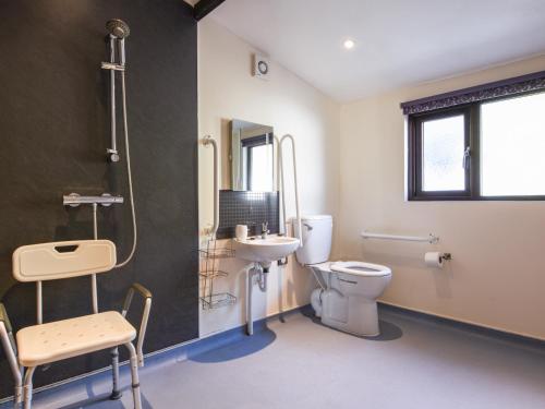 a bathroom with a toilet and a sink at Holly Cottage in Beaworthy