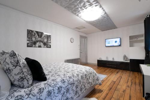 a bedroom with a bed and a flat screen tv at Domaine Les Tilleuls in Wailly-Beaucamp