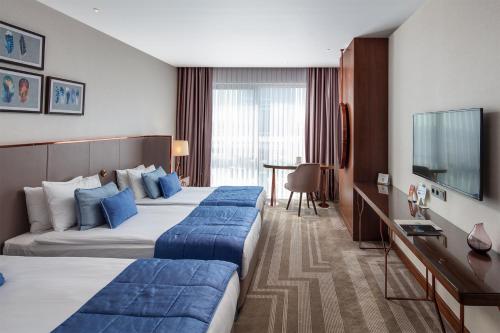 a hotel room with two beds and a television at Lionel Hotel Istanbul in Istanbul