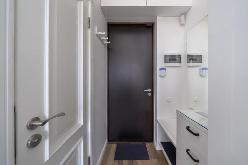 ein Bad mit einer schwarzen Tür und einem Waschbecken in der Unterkunft Library House "Bibliotekas nams" - Apartment with Park View in Riga
