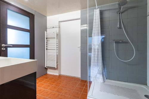 uma casa de banho com um chuveiro e um lavatório. em Grande maison pour 10 avec piscine a Sarzeau em Sarzeau