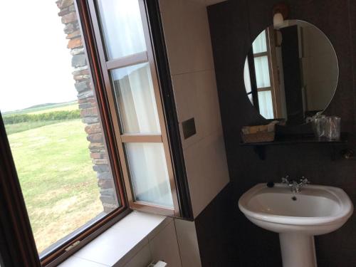 a bathroom with a sink and a mirror and a window at Hotel y Apartamentos Penarronda Playa in Castropol