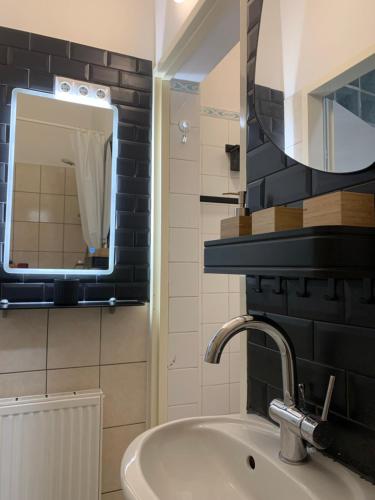 ein Bad mit einem Waschbecken und einem Spiegel in der Unterkunft Centrally and green in Wien