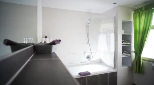 ein Bad mit einer Dusche und einem grünen Vorhang in der Unterkunft Die FUHRMANN-SUITE, unser Deluxe-Apartment mit allem erdenklichen Komfort in Marktheidenfeld
