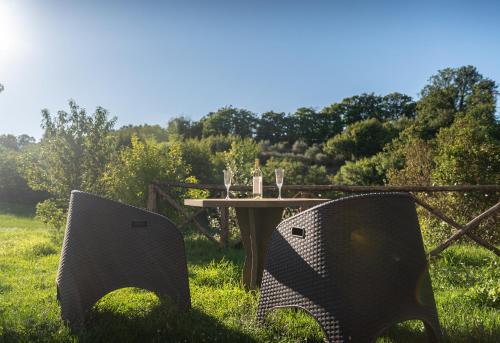 a table and two chairs in the grass with a table and chairs at Casa di Monica in Torre San Severo