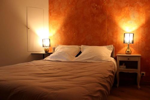 a bedroom with a large bed with two lamps on it at Sublime appartement, chic et confortable. in Bourg-en-Bresse