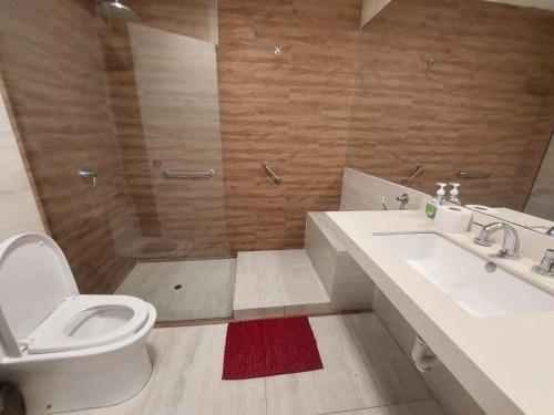 y baño con aseo, lavabo y ducha. en Apartamento PARDO CCA, en Lima