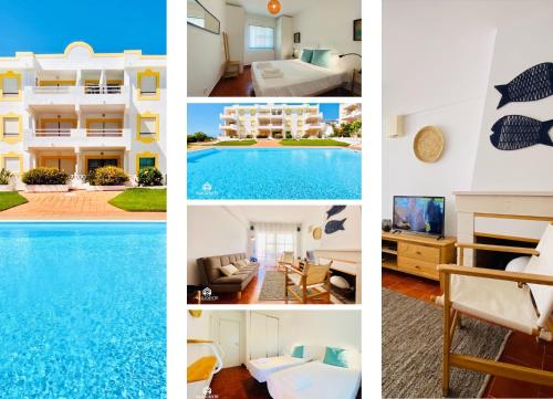 a collage of photos of a hotel with a pool at Água à Vista - Apto com 2 quartos e Piscina in Ericeira