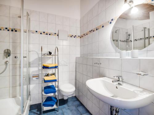 een badkamer met een wastafel, een toilet en een spiegel bij Waldchalets & Ferienwohnungen Allgäu in Burgberg