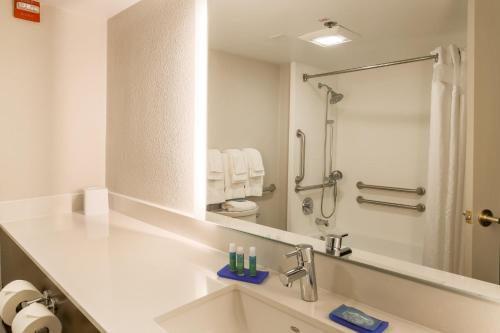 Holiday Inn Express Milwaukee - West Medical Center, an IHG Hotel في اوواتوسا: حمام مع حوض ومرآة كبيرة