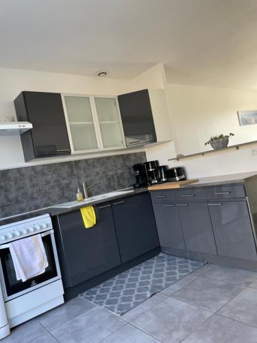 La cuisine est équipée de placards gris et d'une cuisinière blanche. dans l'établissement Villa Atlantique Rochefort, à Rochefort