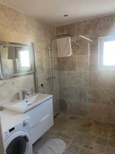 La salle de bains est pourvue d'un lave-linge et d'un lavabo. dans l'établissement Villa Atlantique Rochefort, à Rochefort