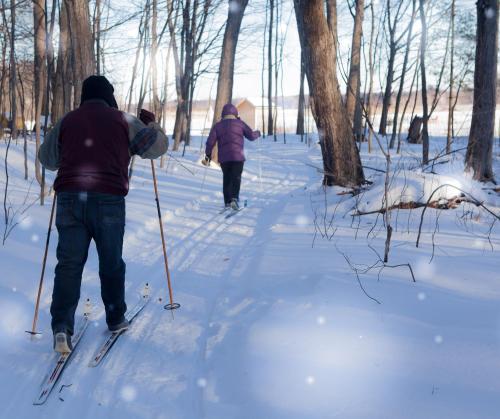 two people are cross country skiing in the snow at Hotel Montfort Nicolet in Nicolet