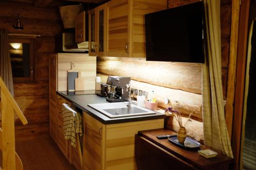 a kitchen with a sink in a log cabin at L'ermitage des vallons in Sulniac