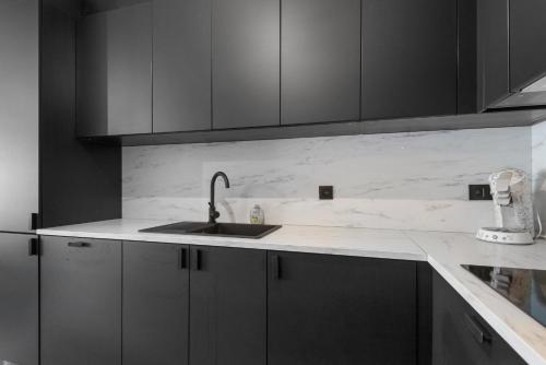 a kitchen with gray cabinets and a sink at Lappertemento in Willebroek