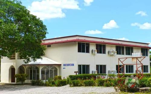 a large white building with a tree in front of it at Hotel Los Leones in Palenque