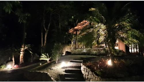 a house with a palm tree and stairs at night at Tékinfin, você chegou! Lindo sítio em Secretário! in Petrópolis