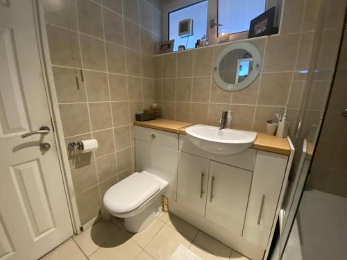 ein Badezimmer mit einem WC, einem Waschbecken und einem Spiegel in der Unterkunft Hidden gem in Central London Oval - Elephant and Castle in London