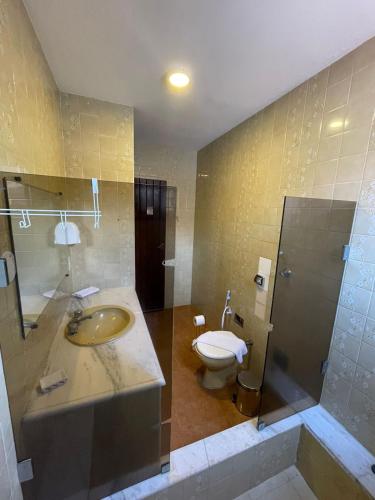 a bathroom with a sink and a toilet and a shower at Pousada Ponta Mar in Natal