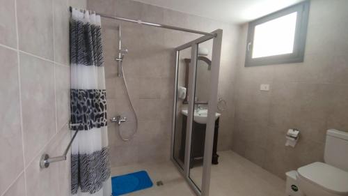 a bathroom with a shower with a toilet and a sink at Limeria in Alona