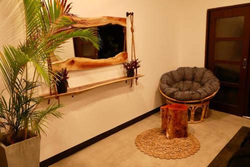 a room with a chair and a mirror and plants at The Jini House in Ahangama