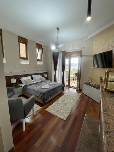 a bedroom with a bed and a television and a couch at Freya SPA Apartments in Niš