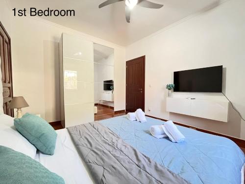 a bedroom with a large bed with a tv on the wall at GKK House private swimming pool luxury house in Skriperón