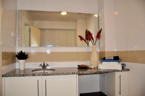 a bathroom with a sink and a mirror at Pérola Azul in Lagos
