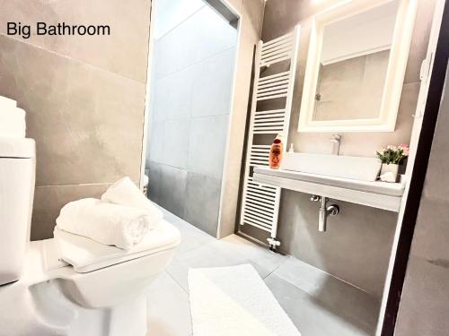 a bathroom with a toilet and a sink and a mirror at GKK House private swimming pool luxury house in Skriperón