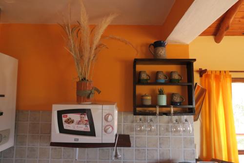 a kitchen with a microwave on top of a counter at Cabañas Yanasuy in Merlo