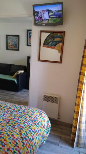 a bedroom with a bed and a flat screen tv on the wall at Appartement vue lateral du lac in Vieux-Boucau-les-Bains
