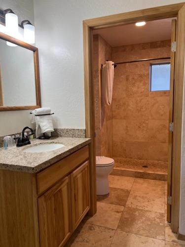 a bathroom with a sink and a toilet and a shower at TimberLodge Inn in Pinetop-Lakeside