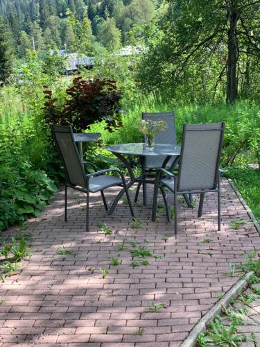 a table and two chairs on a brick patio at Ferienwohnung Heimweg in Feldberg