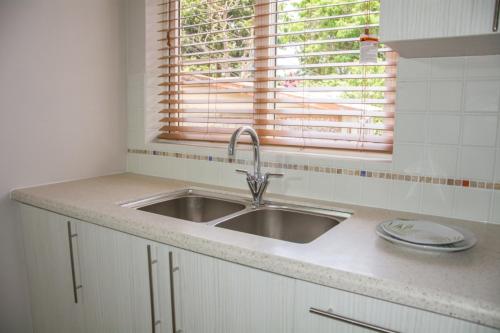 eine Küchentheke mit einem Waschbecken und einem Fenster in der Unterkunft Morne SeaView Apartments in Castries