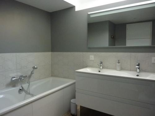 a bathroom with a tub and a sink and a mirror at Maison rénovée dans le bocage Normand avec jacuzzi in Canisy