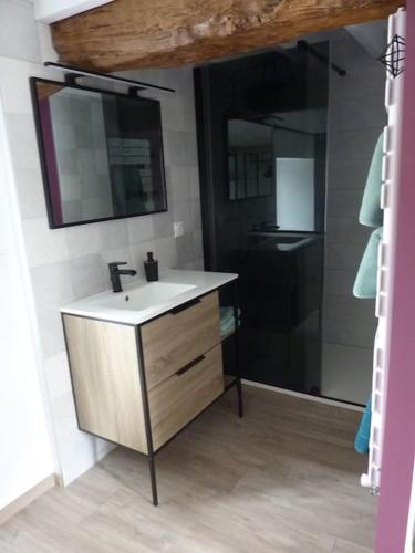 a bathroom with a sink and a mirror at Maison rénovée dans le bocage Normand avec jacuzzi in Canisy