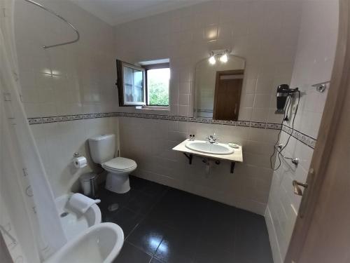 a bathroom with a sink and a toilet and a mirror at O Bilhó in Vinhais