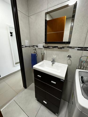 a bathroom with a sink and a mirror at Alvere ll Temporary Apartments Ushuaia in Ushuaia