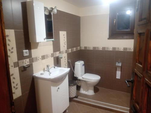 a bathroom with a white toilet and a sink at КръчмЪ при Байката Alpin in Ribarica