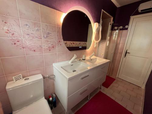 a bathroom with a sink and a toilet and a mirror at Maison de Vacances MACOU 2 in Capdrot