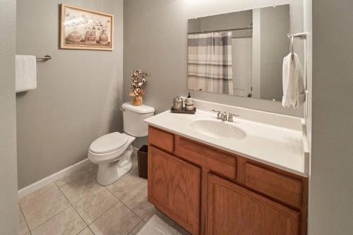 een badkamer met een wastafel, een toilet en een spiegel bij Willow Trace Retreat 5 miles from Dollywood in Sevierville
