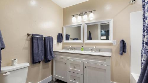 ein Badezimmer mit einem Waschbecken, einem Spiegel und einem WC in der Unterkunft Teton Crest Apartment in Driggs