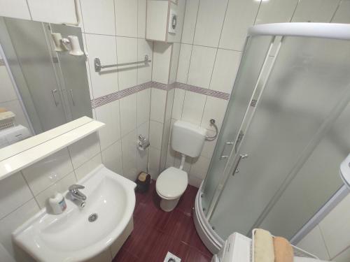 La salle de bains est pourvue d'une douche, d'un lavabo et de toilettes. dans l'établissement Studio Apartman Lukavica, à Sarajevo