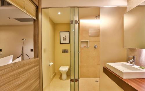 a bathroom with a sink and a toilet at Radisson Vila Olimpia Sao Paulo in Sao Paulo
