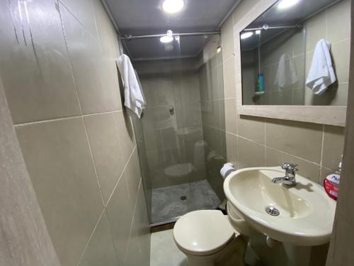 a bathroom with a sink and a toilet and a shower at Apartaestudio calido y bien ubicado en Manizales in Manizales