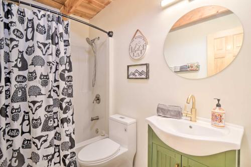 a bathroom with a sink and a toilet and a mirror at Alma Cloud 9 Cabin with Fireplace and Wooded Views! in Alma