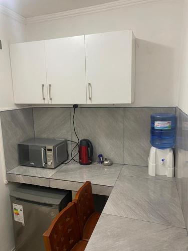 a kitchen with a counter top with a microwave at Apart Hotel Vicencio Iquique in Iquique