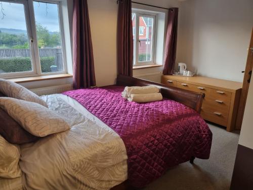 a bedroom with a bed with a purple comforter and two windows at Mallard Cottage Guest House in Aylesford